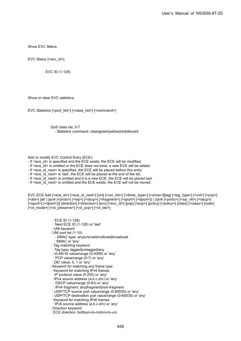 Evc status, Evc statistics, Evc ece add | Interlogix NS3550-8T-2S User Manual User Manual | Page 458 / 495