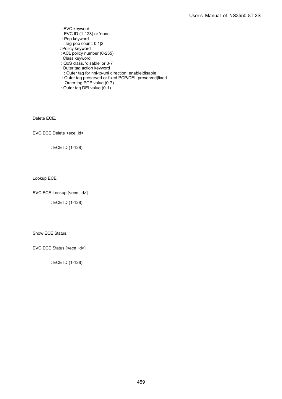 Evc ece delete, Evc ece lookup, Evc ece status | Interlogix NS3550-8T-2S User Manual User Manual | Page 459 / 495