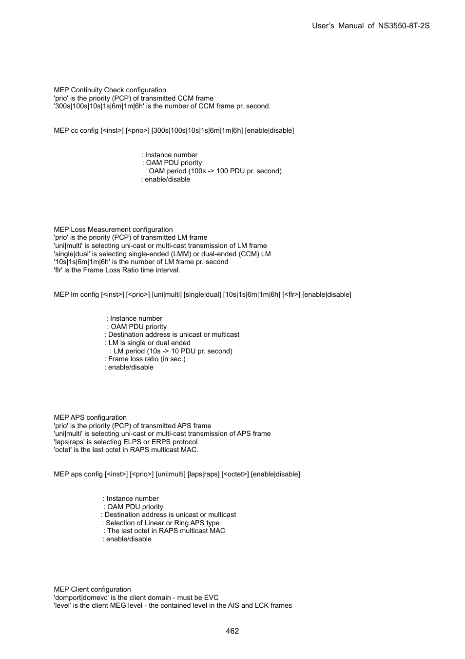 Mep continuity check configuration, Mep loss measurement configuration, Mep aps configuration | Mep client configuration | Interlogix NS3550-8T-2S User Manual User Manual | Page 462 / 495