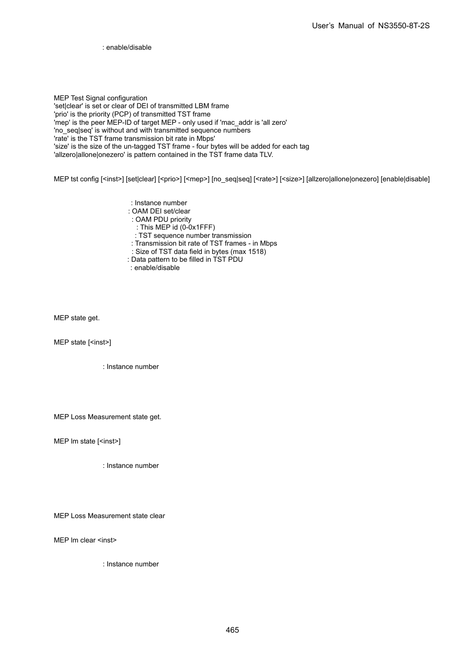 Mep test signal configuration, Mep state, Mep loss measurement state | Mep loss measurement state clear, Mep link trace state | Interlogix NS3550-8T-2S User Manual User Manual | Page 465 / 495