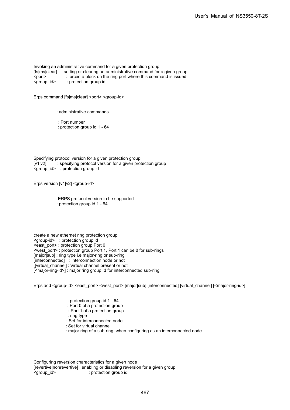 29 ethernet ring protection switching command, Erps command, Erps version | Erps add, Erps reversion | Interlogix NS3550-8T-2S User Manual User Manual | Page 467 / 495