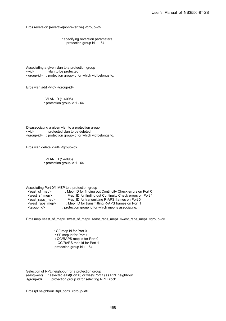 Erps vlan add, Erps vlan delete, Erps mep | Erps rpl neighbour | Interlogix NS3550-8T-2S User Manual User Manual | Page 468 / 495