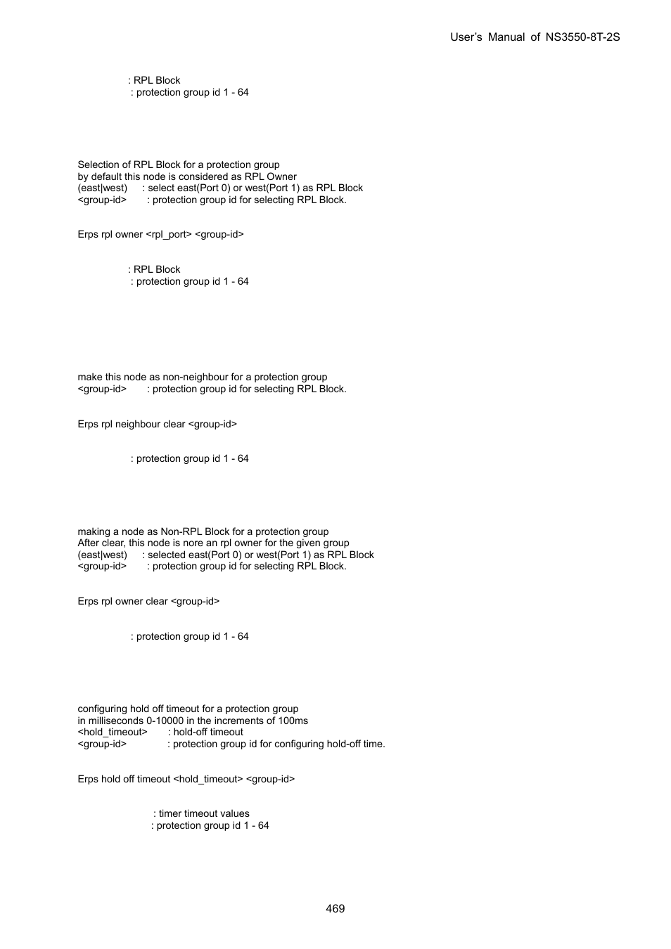 Erps rpl owner, Erps rpl neighbour clear, Erps rpl owner clear | Erps hold off timeout | Interlogix NS3550-8T-2S User Manual User Manual | Page 469 / 495