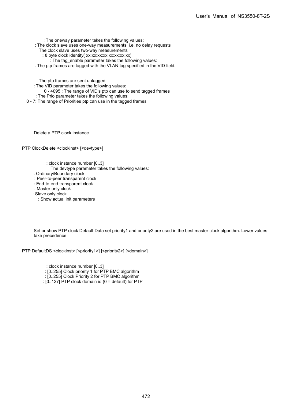 Ptp clockdelete, Ptp defaultds | Interlogix NS3550-8T-2S User Manual User Manual | Page 472 / 495