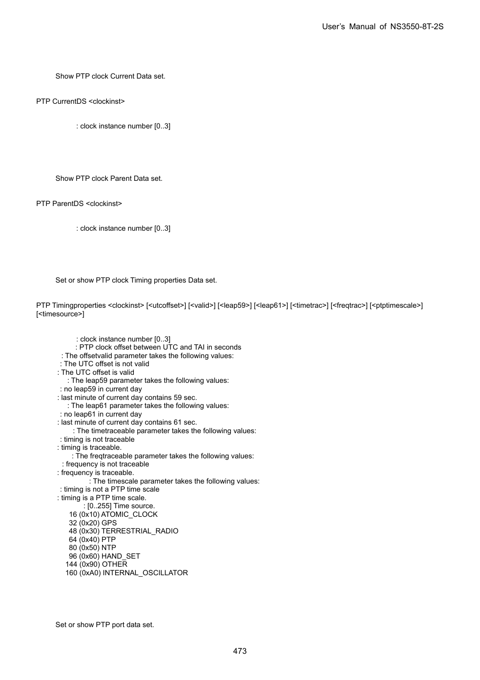 Ptp currentds, Ptp parentds, Ptp timingproperties | Ptp portdataset | Interlogix NS3550-8T-2S User Manual User Manual | Page 473 / 495