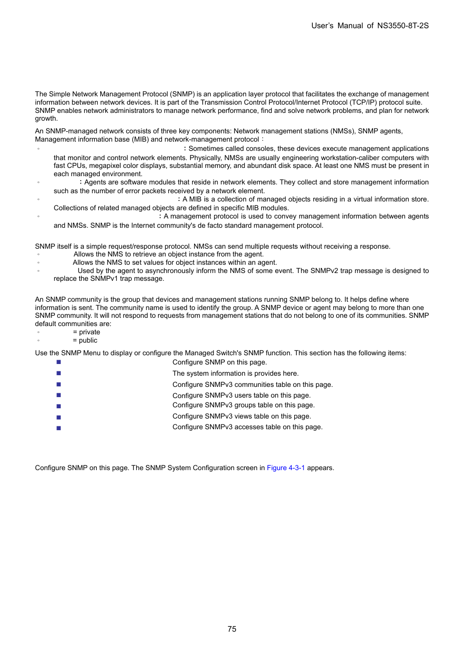 3 simple network management protocol, 1 snmp overview, 2 snmp system configuration | Interlogix NS3550-8T-2S User Manual User Manual | Page 75 / 495