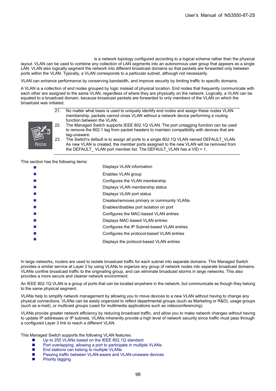 6 vlan, 1 vlan overview, 2 ieee 802.1q vlan | Interlogix NS3550-8T-2S User Manual User Manual | Page 98 / 495