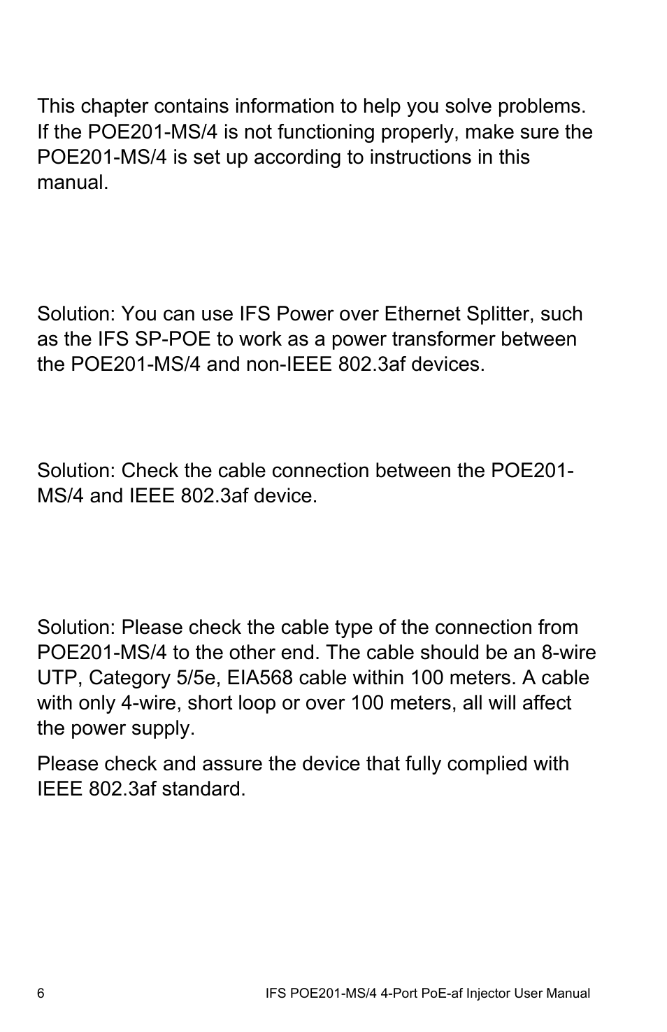 Troubleshooting, Troubleshooting 6 | Interlogix POE201-MS/4 User Manual | Page 10 / 14
