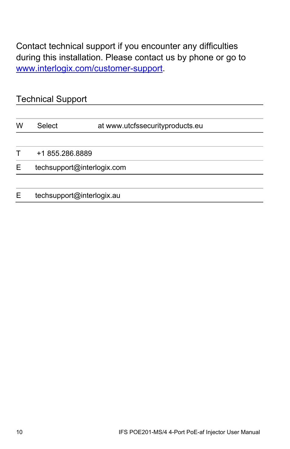 Contacting technical support, Contacting technical support 10 | Interlogix POE201-MS/4 User Manual | Page 14 / 14