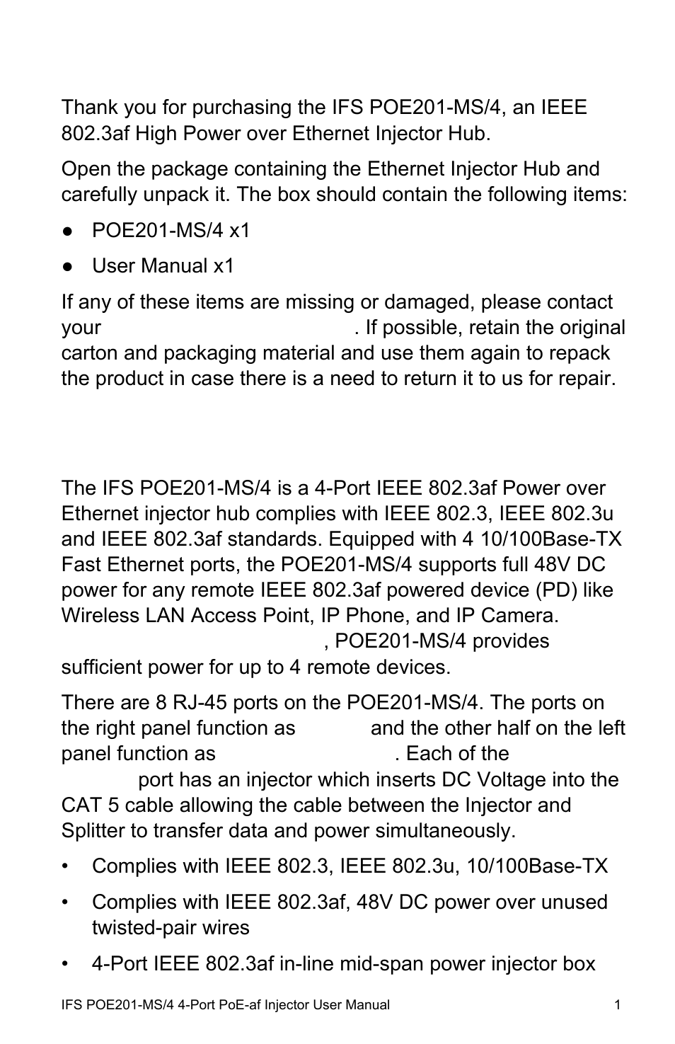 Package contents, Product features, E contents 1 | Product features 1 | Interlogix POE201-MS/4 User Manual | Page 5 / 14