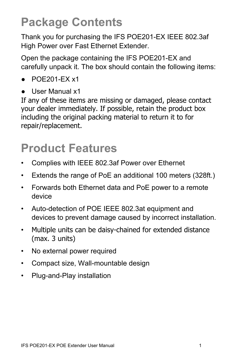 Package contents, Product features, E contents 1 | Product features 1 | Interlogix POE201-EX User Manual | Page 7 / 15