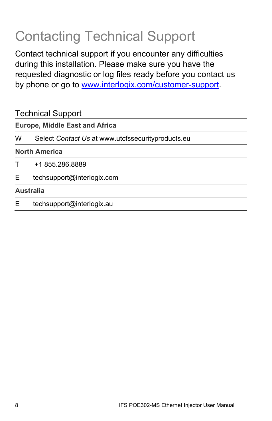 Contacting technical support, Contacting technical support 8 | Interlogix POE302-MS User Manual | Page 14 / 14