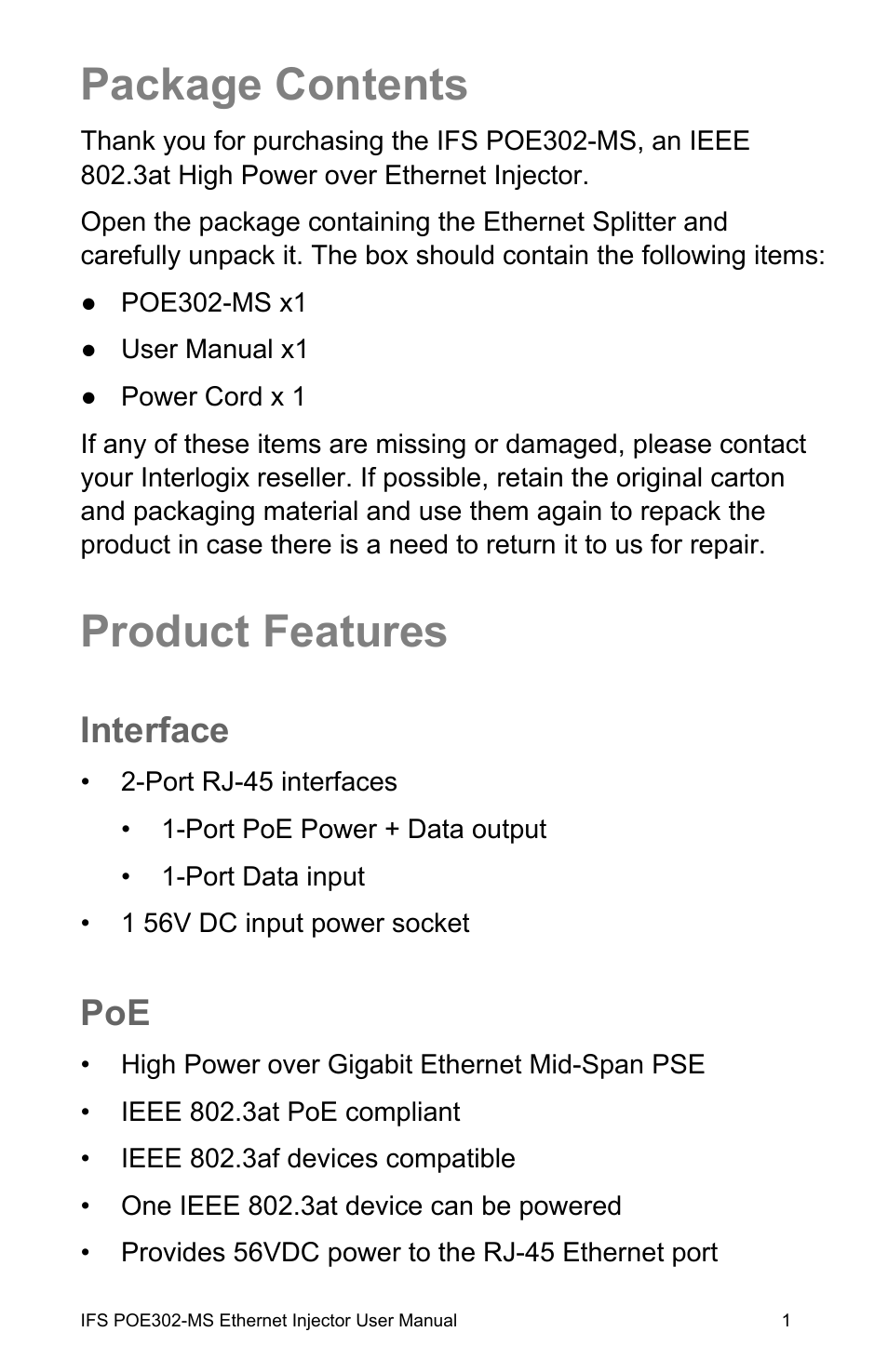 Package contents, Product features, Interface | E contents 1, Product features 1 | Interlogix POE302-MS User Manual | Page 7 / 14