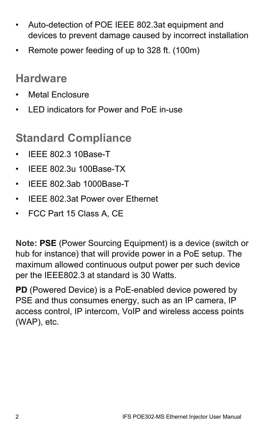Hardware, Standard compliance | Interlogix POE302-MS User Manual | Page 8 / 14