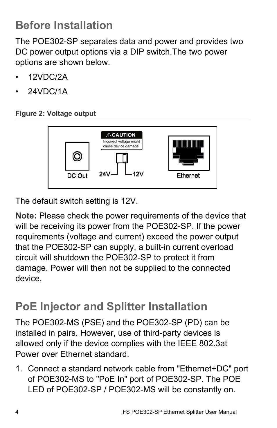 Before installation, Poe injector and splitter installation, 4 poe injector and splitter installation 4 | Interlogix POE302-SP User Manual | Page 10 / 14