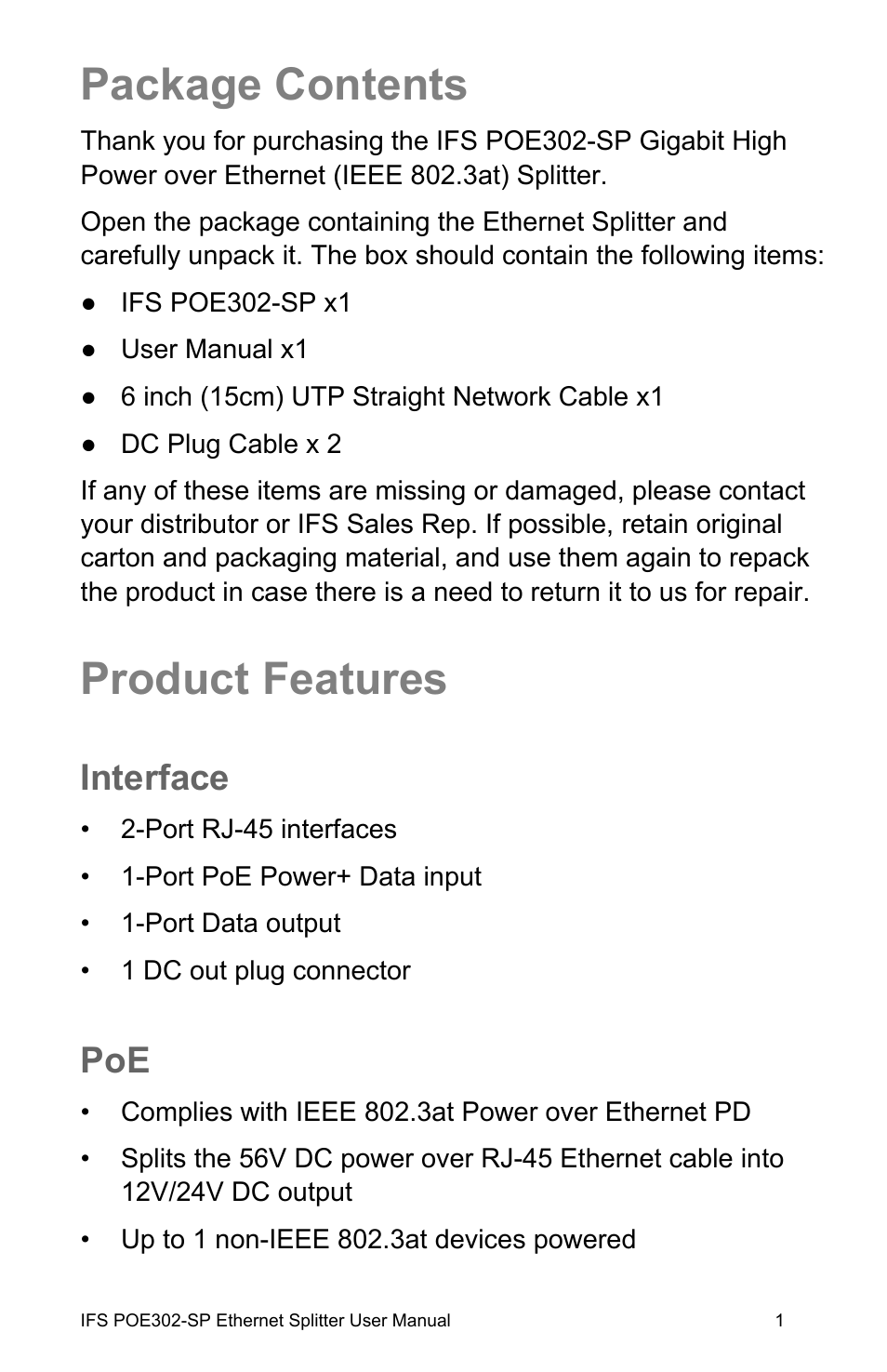Package contents, Product features, Interface | E contents 1, Product features 1 | Interlogix POE302-SP User Manual | Page 7 / 14
