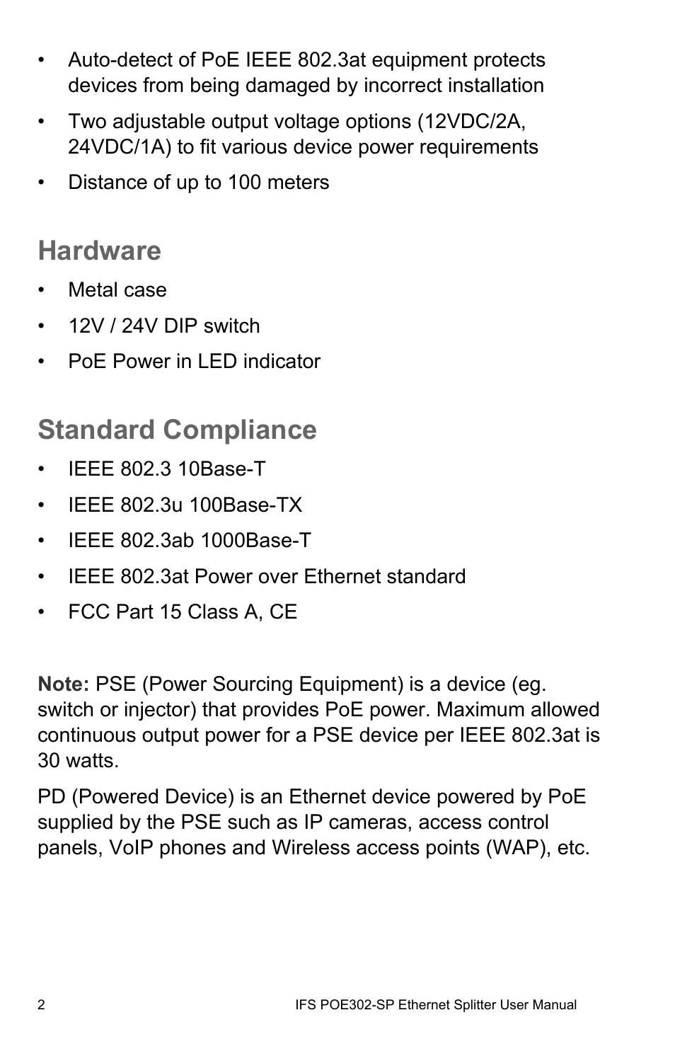 Hardware, Standard compliance | Interlogix POE302-SP User Manual | Page 8 / 14