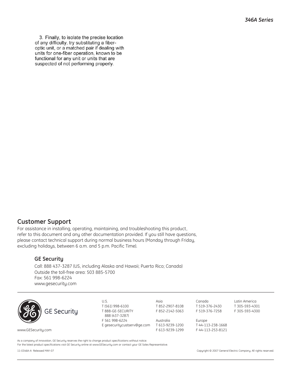 Customer support, Ge security, 346a series | Interlogix 346A Series User Manual | Page 5 / 5