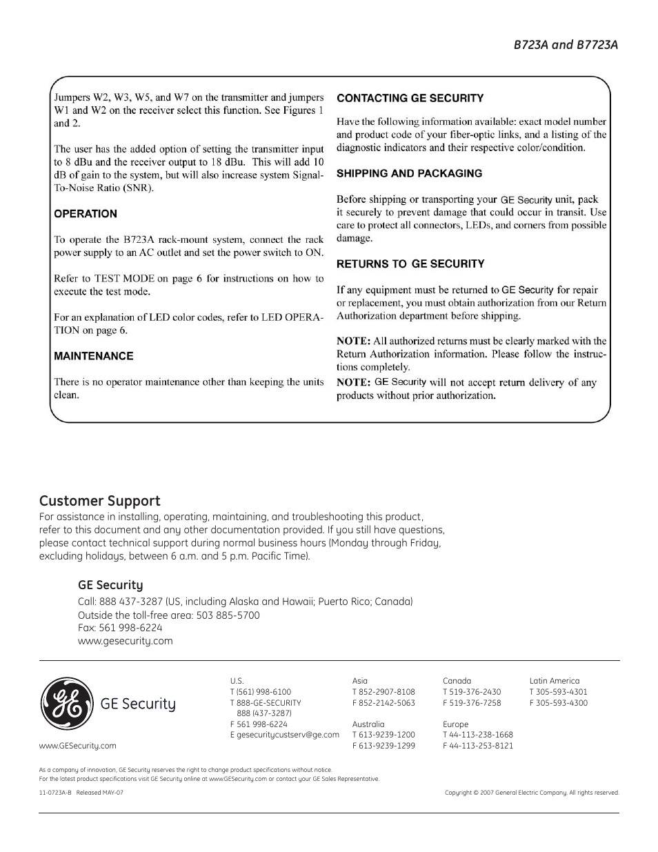 Customer support, Ge security | Interlogix B7723A User Manual | Page 9 / 9