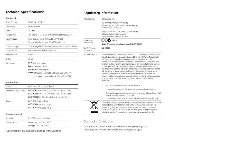 Technical specifications, Regulatory information, Contact information | Interlogix VDP-B Series User Manual | Page 2 / 2