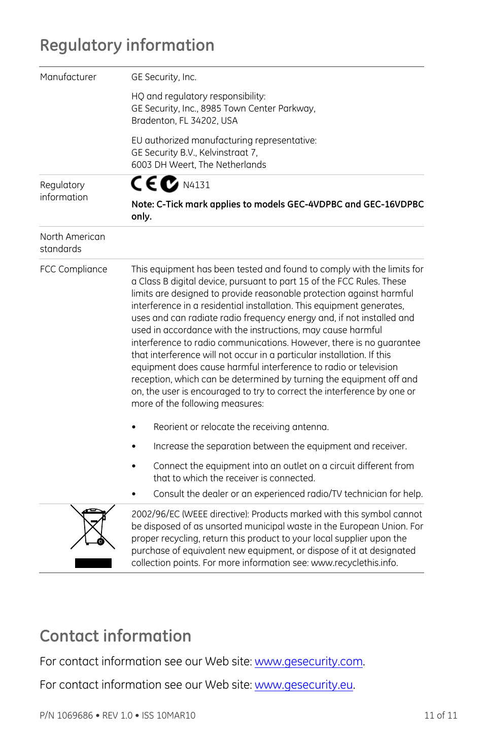 Regulatory information, Contact information | Interlogix VDP-ESP Series User Manual | Page 11 / 11