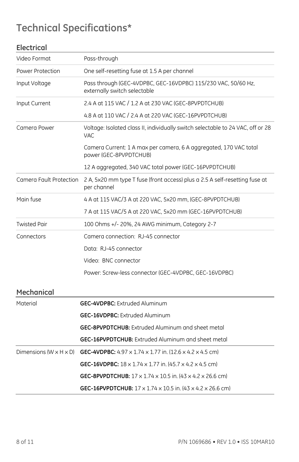 Technical specifications, Electrical, Mechanical | Interlogix VDP-ESP Series User Manual | Page 8 / 11