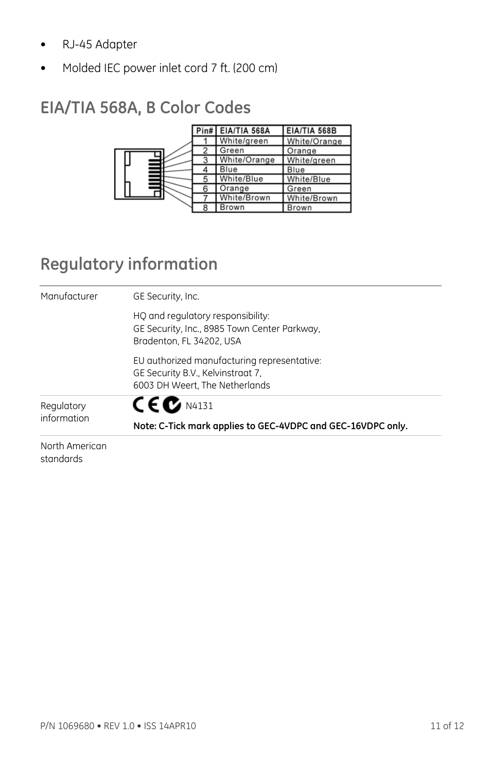 Eia/tia 568a, b color codes, Regulatory information | Interlogix VDP-MSP Series User Manual | Page 11 / 12