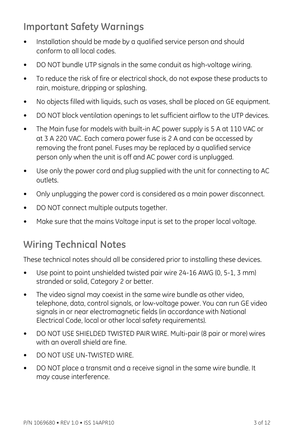 Important safety warnings, Wiring technical notes | Interlogix VDP-MSP Series User Manual | Page 3 / 12