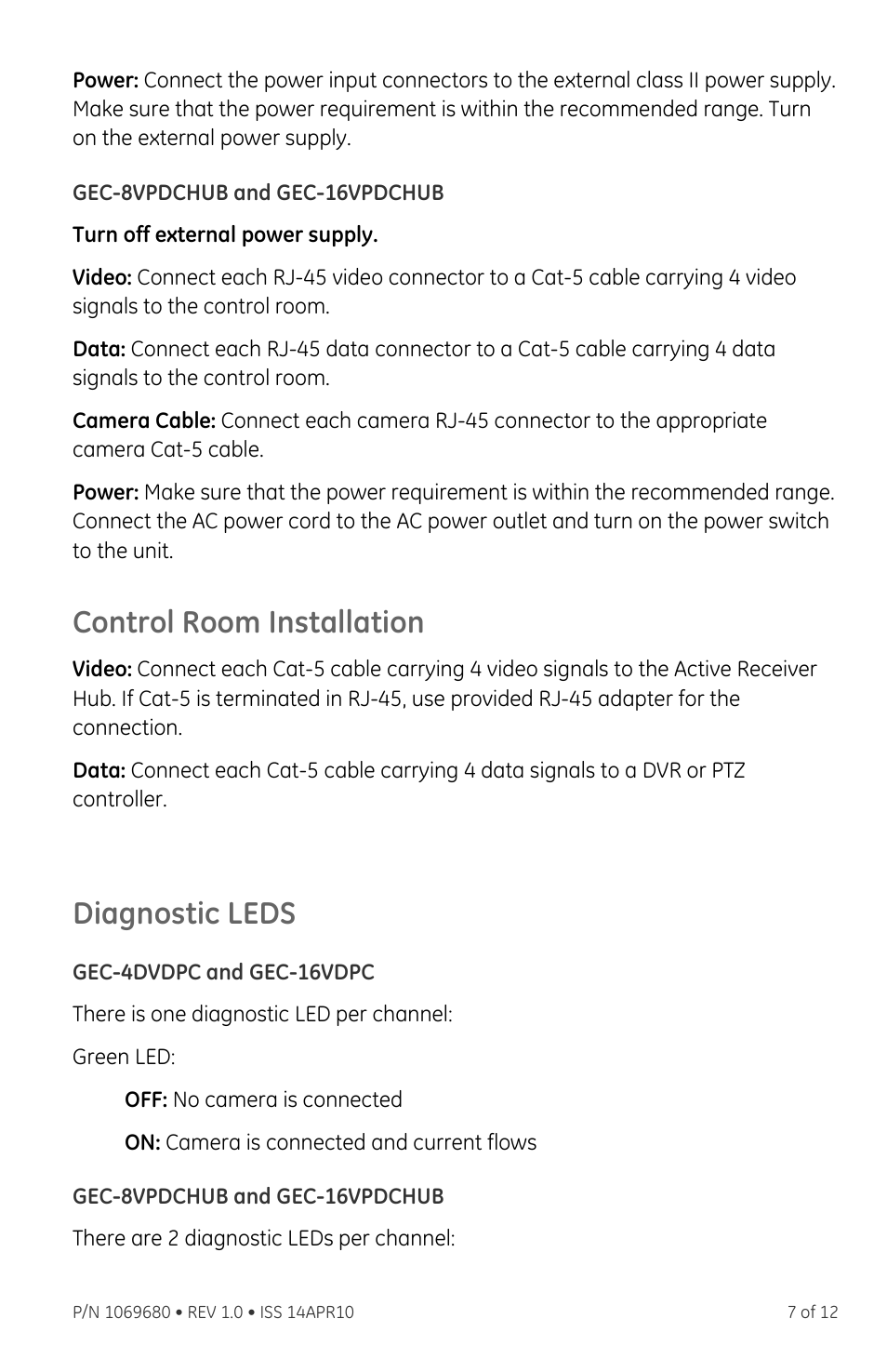 Gec-8vpdchub and gec-16vpdchub, Control room installation, Diagnostic leds | Gec-4dvdpc and gec-16vdpc | Interlogix VDP-MSP Series User Manual | Page 7 / 12