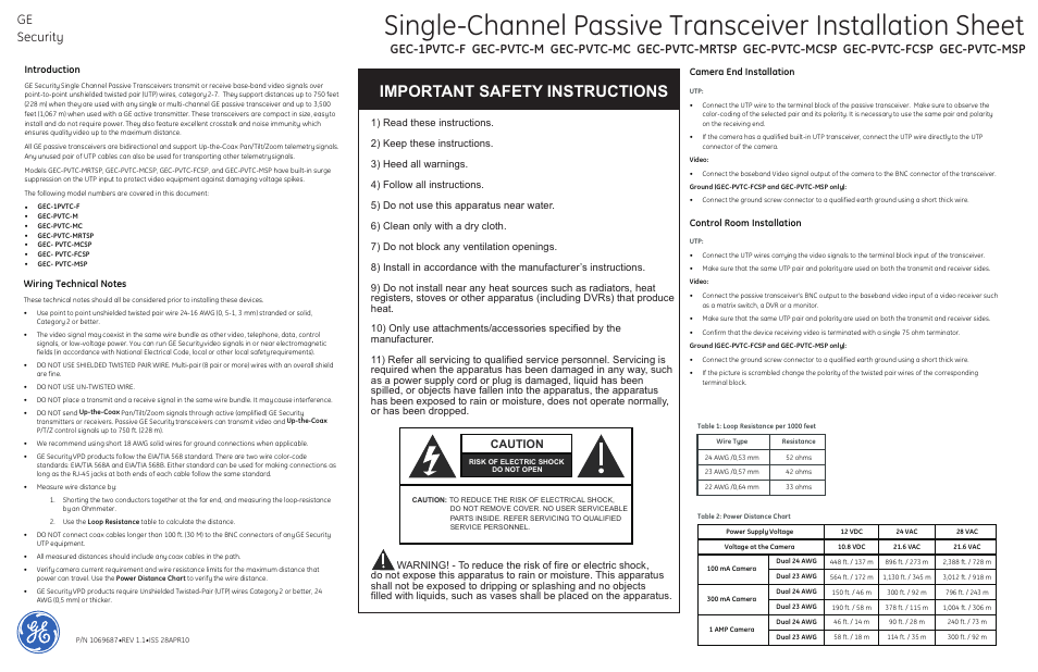 Interlogix Video Twisted-Pair Baluns User Manual | 2 pages