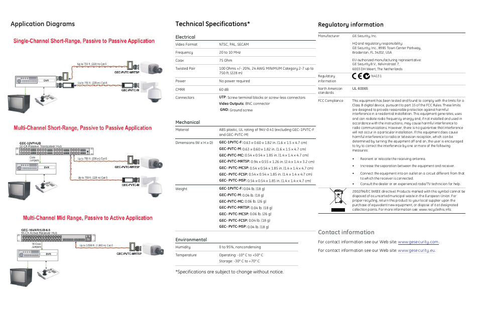 Technical specifications, Application diagrams, Regulatory information | Contact information | Interlogix Video Twisted-Pair Baluns User Manual | Page 2 / 2