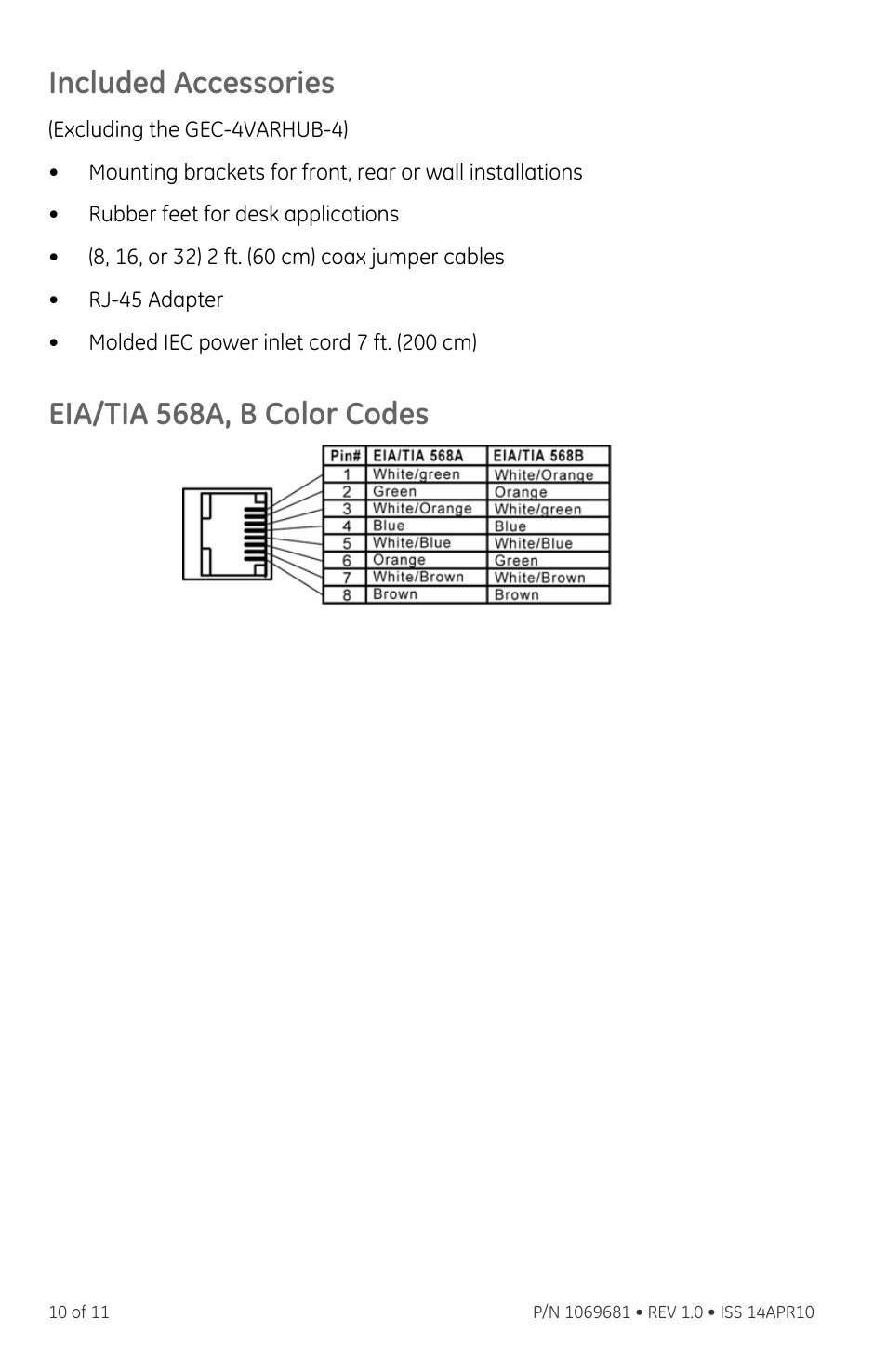 Included accessories, Eia/tia 568a, b color codes | Interlogix VTP-AR6 Series User Manual | Page 10 / 11