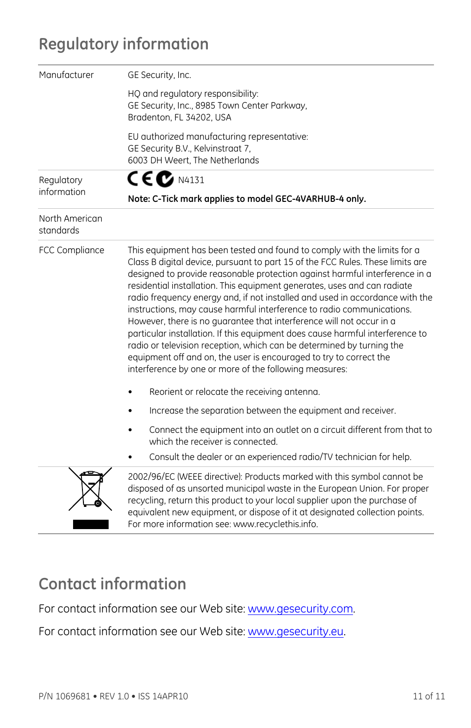 Regulatory information, Contact information | Interlogix VTP-AR6 Series User Manual | Page 11 / 11