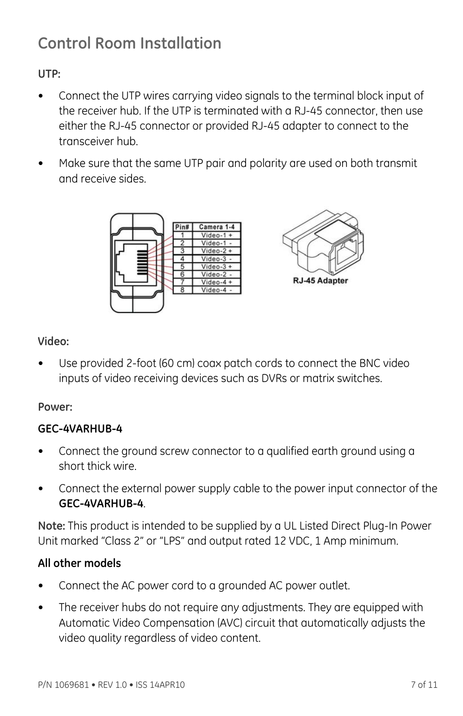 Control room installation, Video, Power | Interlogix VTP-AR6 Series User Manual | Page 7 / 11