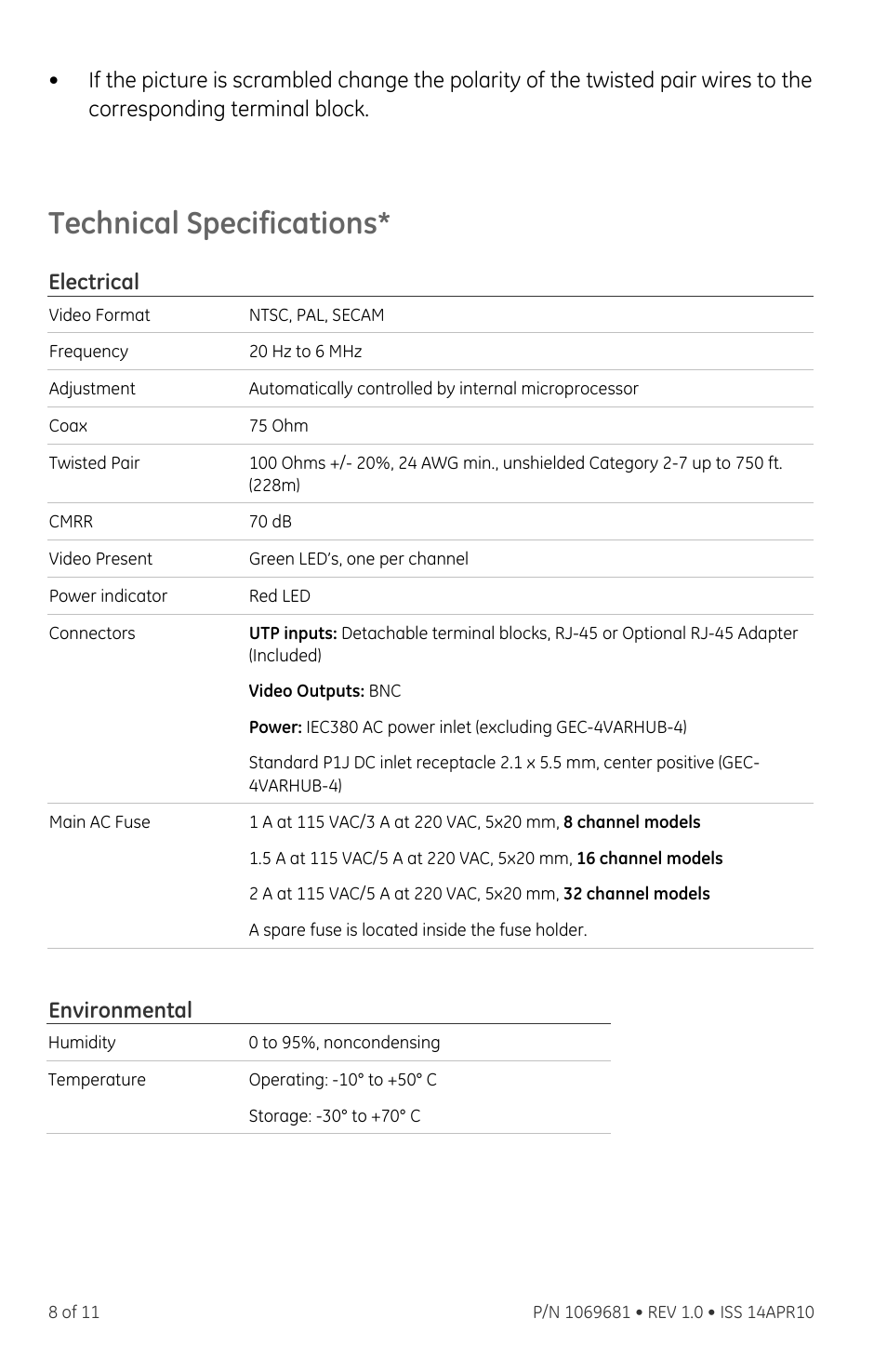 Technical specifications, Electrical, Environmental | Interlogix VTP-AR6 Series User Manual | Page 8 / 11