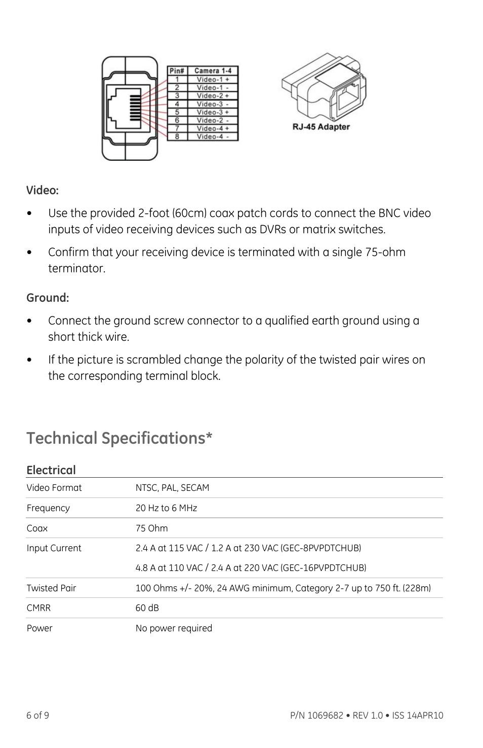 Video, Ground, Technical specifications | Electrical | Interlogix VTP-H Series User Manual | Page 6 / 9