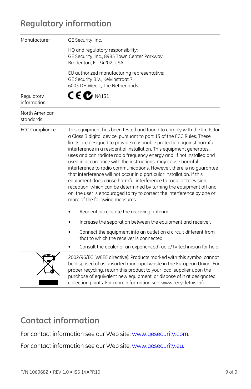 Regulatory information, Contact information | Interlogix VTP-H Series User Manual | Page 9 / 9