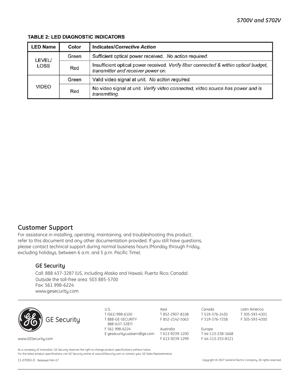 Customer support, Ge security | Interlogix S700V User Manual | Page 8 / 8