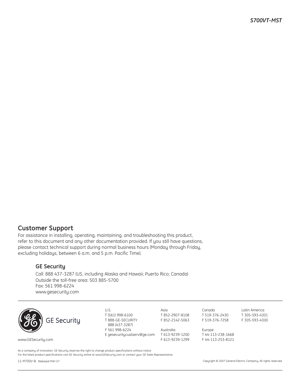 Customer support, Ge security, S700vt-mst | Interlogix S700VT-MST User Manual | Page 5 / 5