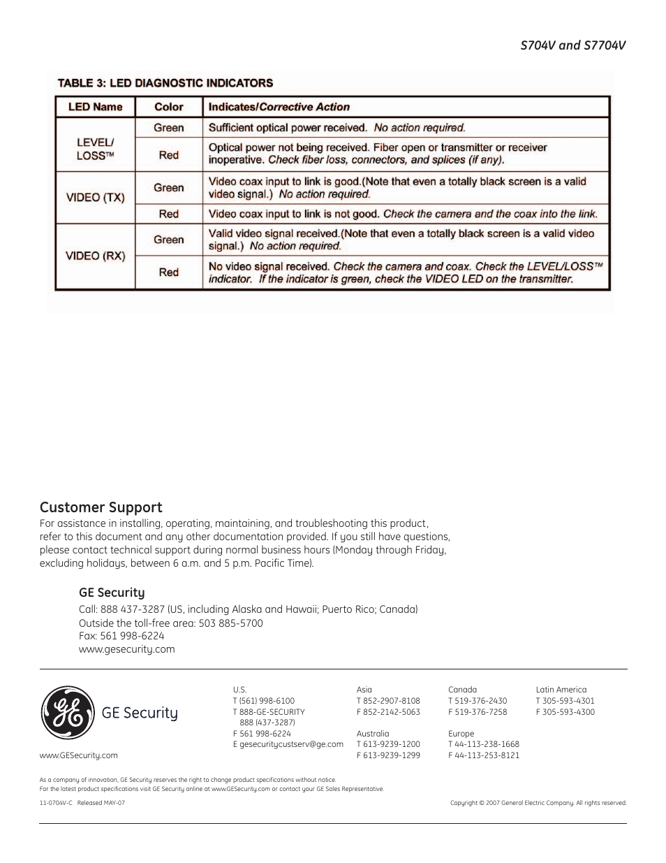 Customer support, Ge security | Interlogix S7704V User Manual | Page 7 / 7