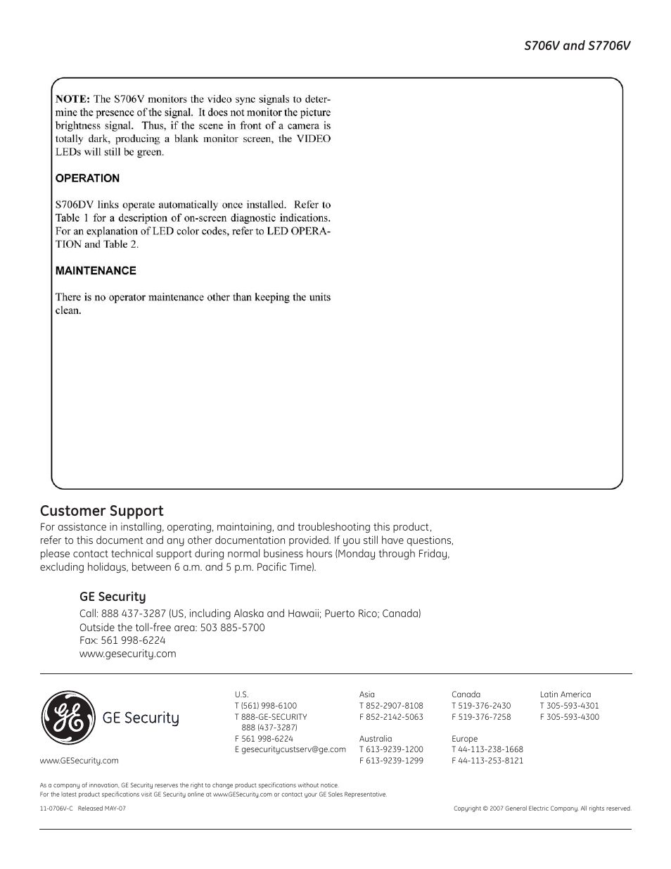 Customer support, Ge security | Interlogix S7706V User Manual | Page 8 / 8