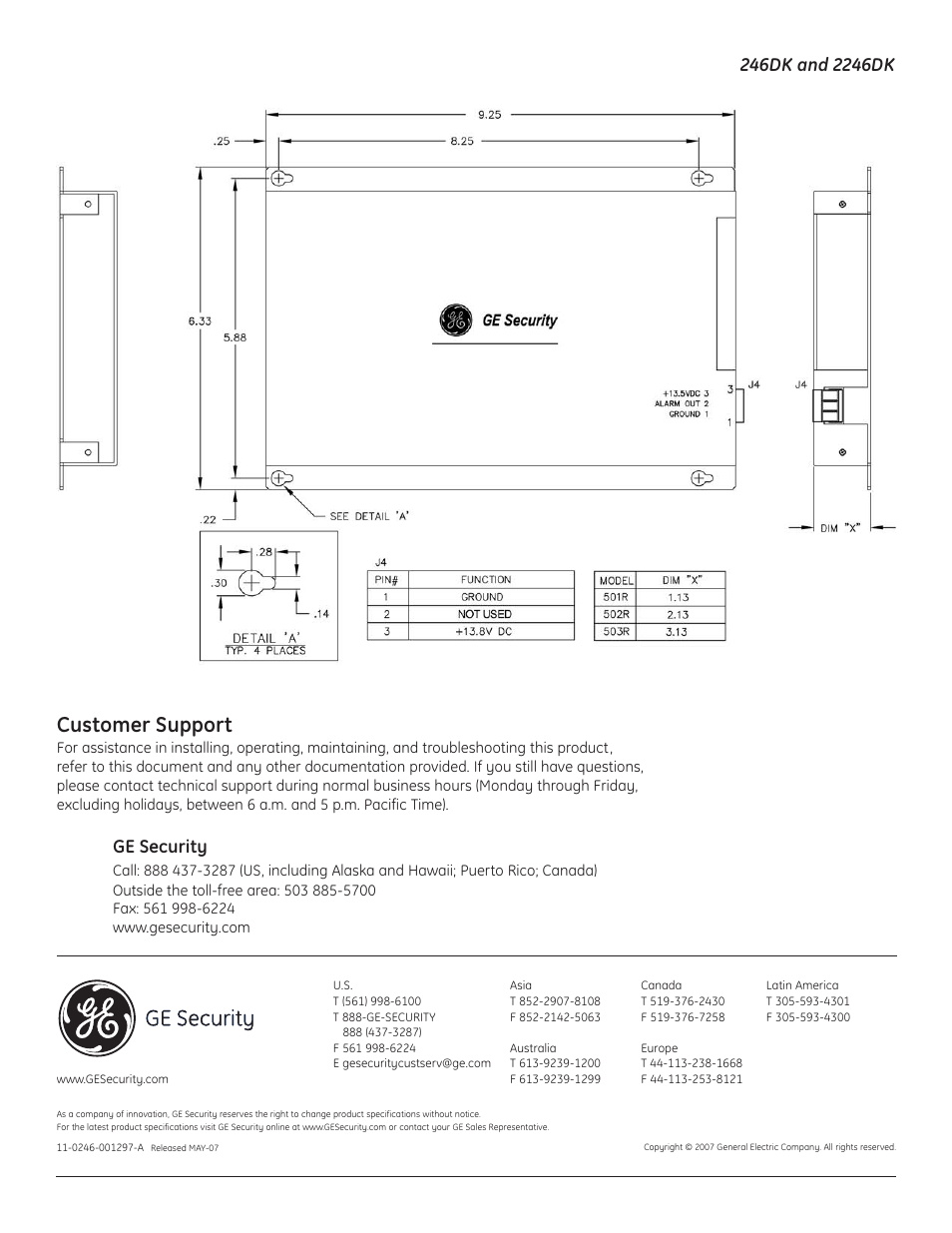 Customer support, Ge security | Interlogix 2246DK User Manual | Page 4 / 4