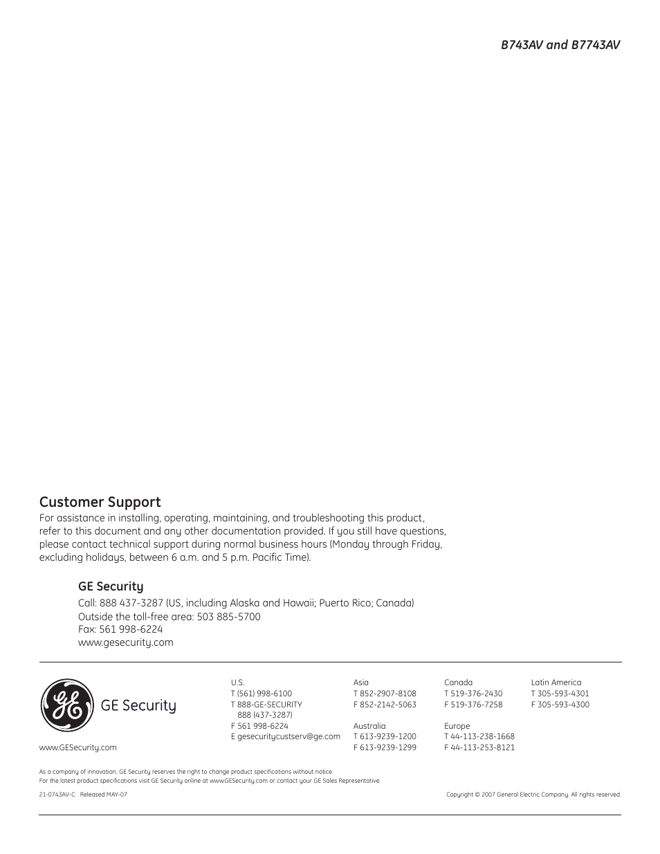 Customer support, Ge security | Interlogix B7743AV User Manual | Page 10 / 10