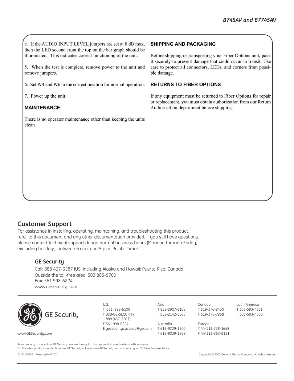 Customer support, Ge security | Interlogix B7745AV User Manual | Page 11 / 11