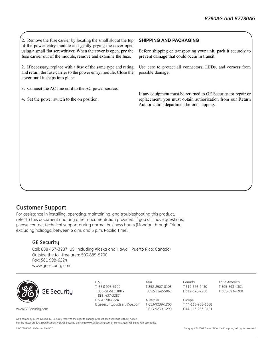 Customer support, Ge security | Interlogix B7780AG User Manual | Page 9 / 9