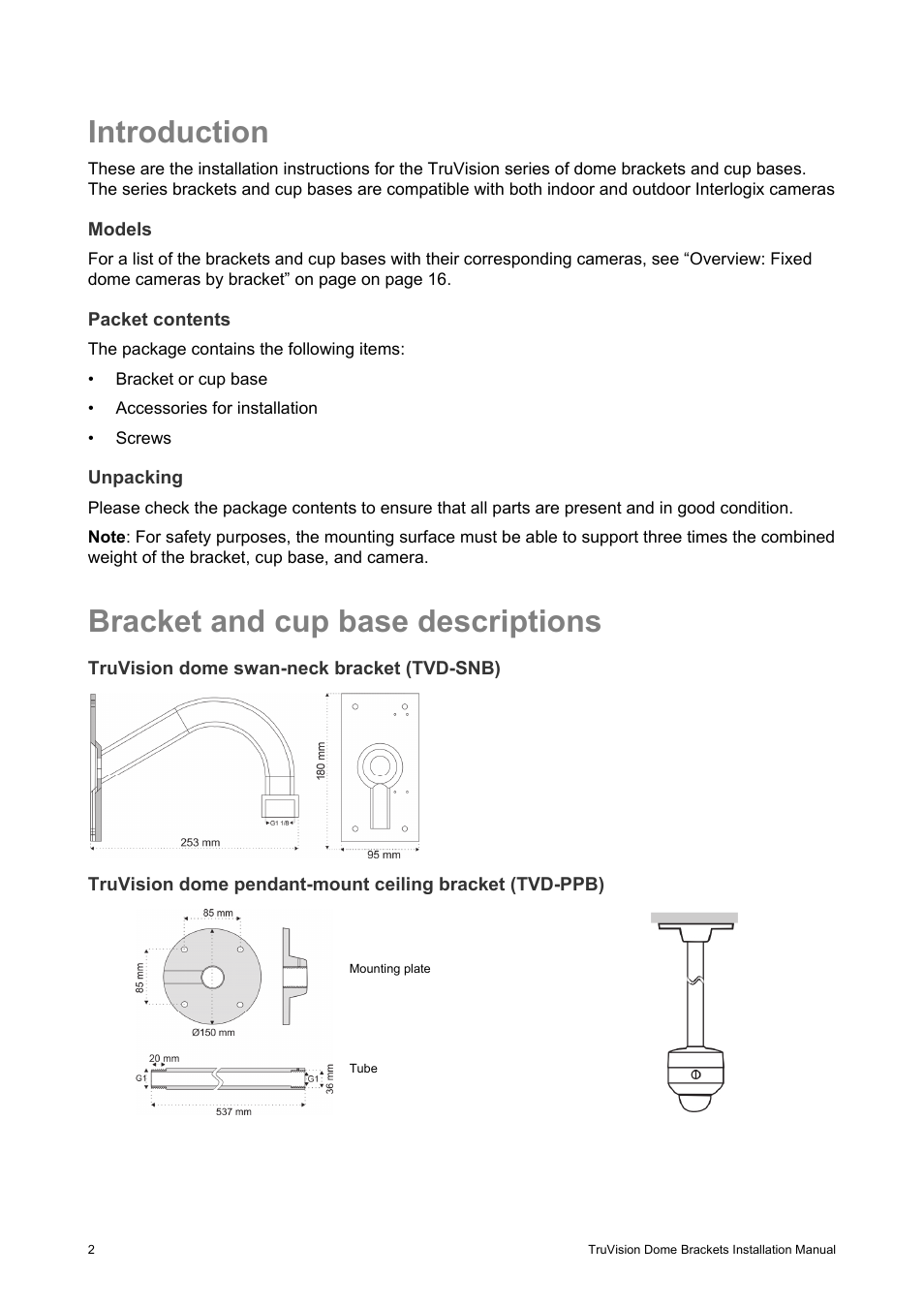 Introduction, Bracket and cup base descriptions | Interlogix TruVision Camera Mounts User Manual | Page 4 / 20