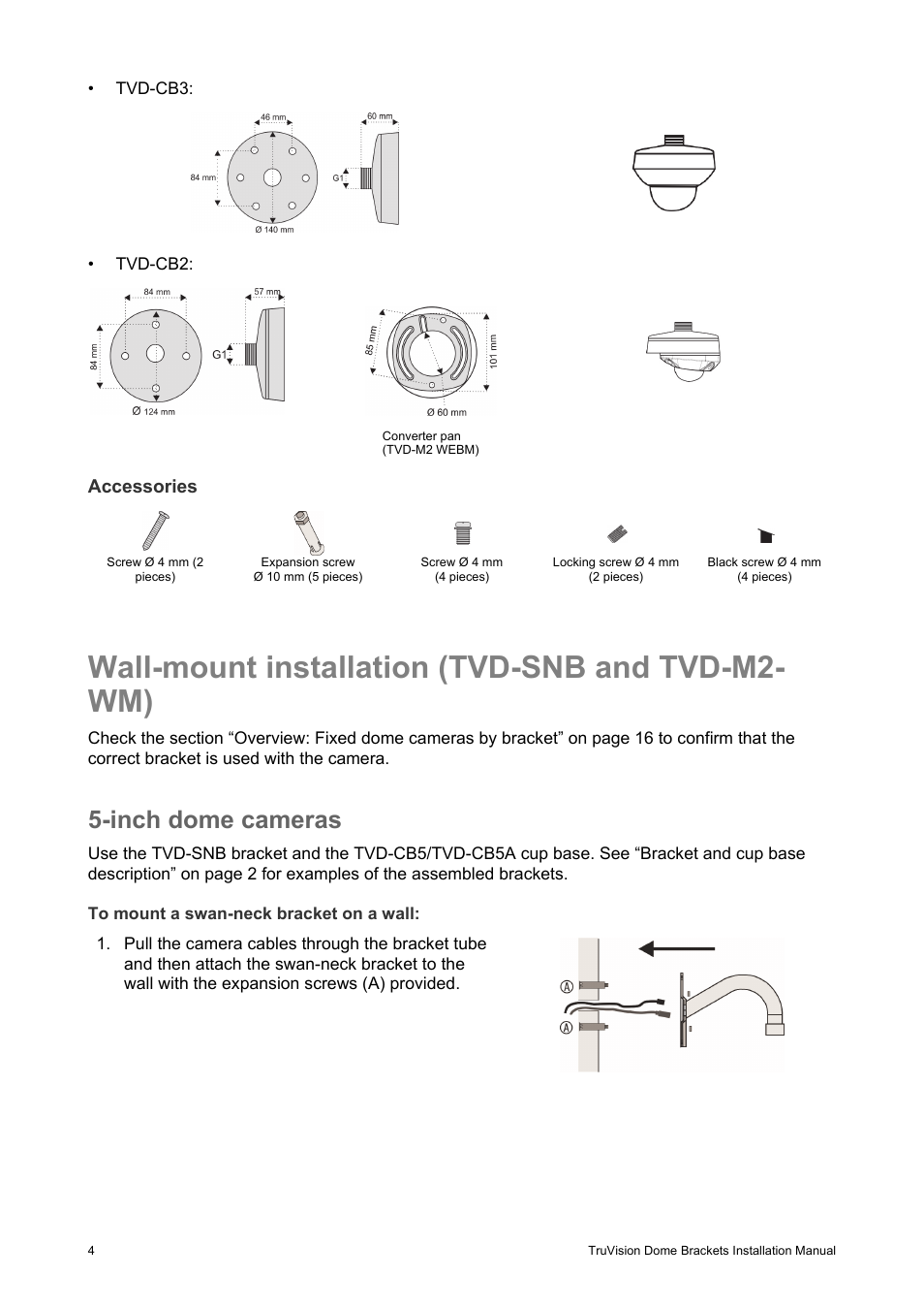 Wall-mount installation (tvd-snb and tvd-m2-wm), Inch dome cameras, Wall-mount installation (tvd-snb and tvd-m2- wm) | Interlogix TruVision Camera Mounts User Manual | Page 6 / 20