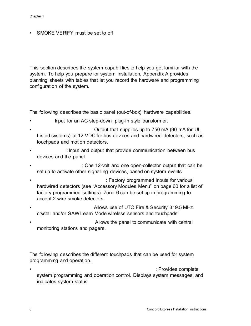 Planning the installation, Standard panel, Touchpads | Interlogix Concord Express Installation Manual User Manual | Page 12 / 117
