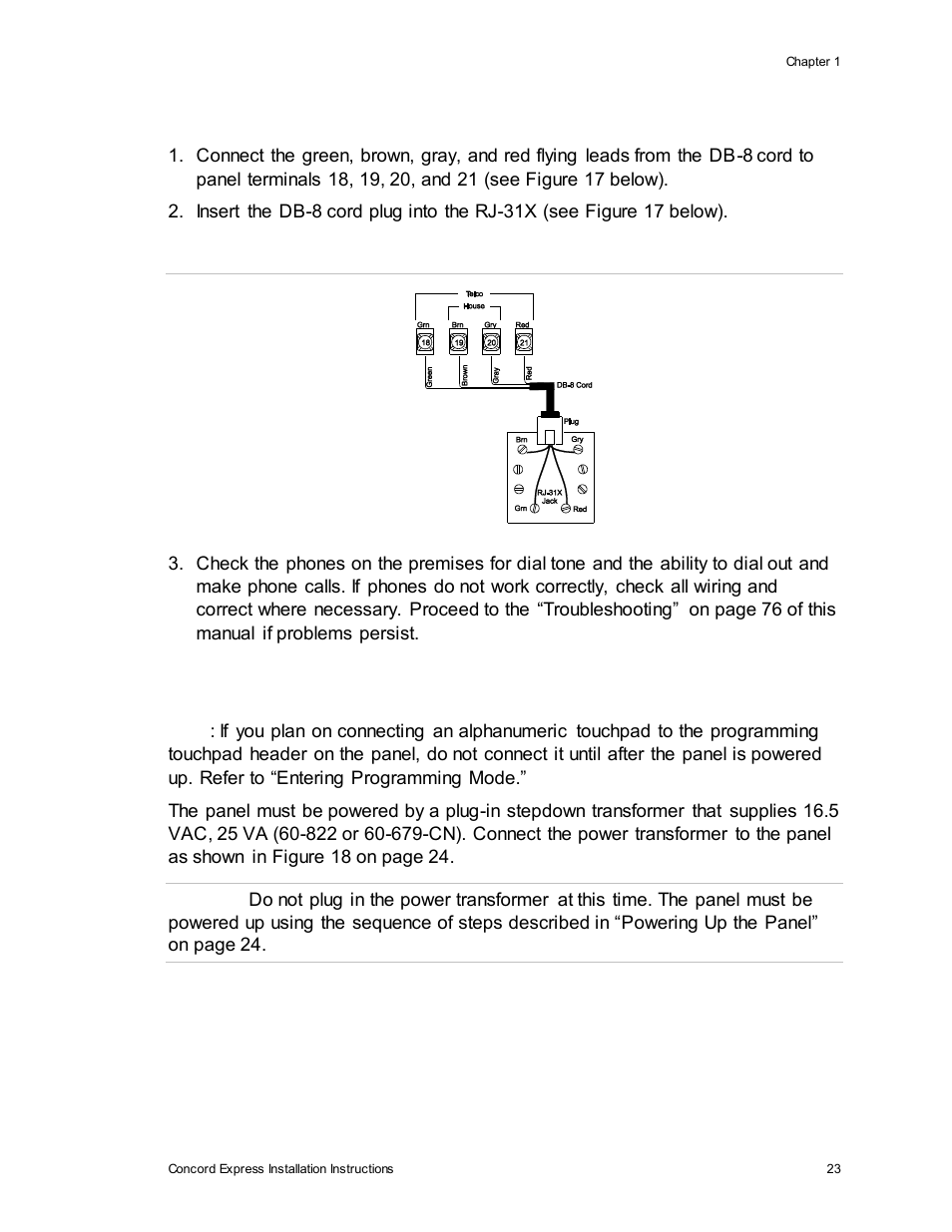 Connecting the ac power transformer | Interlogix Concord Express Installation Manual User Manual | Page 29 / 117
