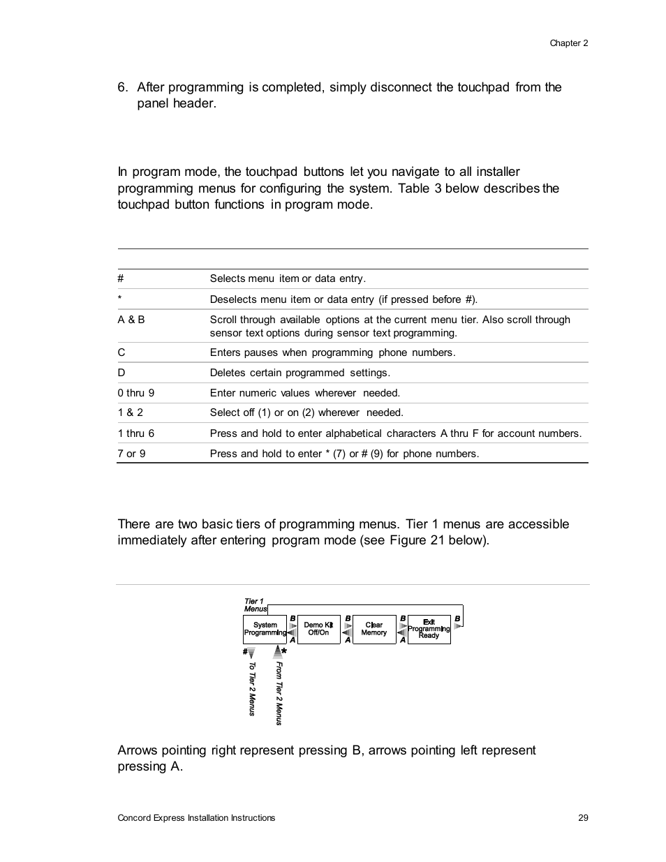 Touchpad button programming functions, Moving through program mode tiers and menus | Interlogix Concord Express Installation Manual User Manual | Page 35 / 117